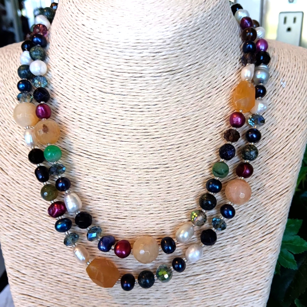 Multicolor Beaded GEMSTONES, PEARLS Necklace New, Long